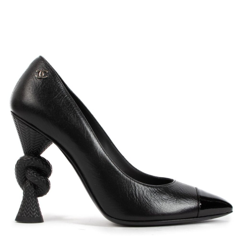 CHANEL Diamond Rope Knot Heels Black Leather & Patent Toe Caps Sz 39.5 Rare